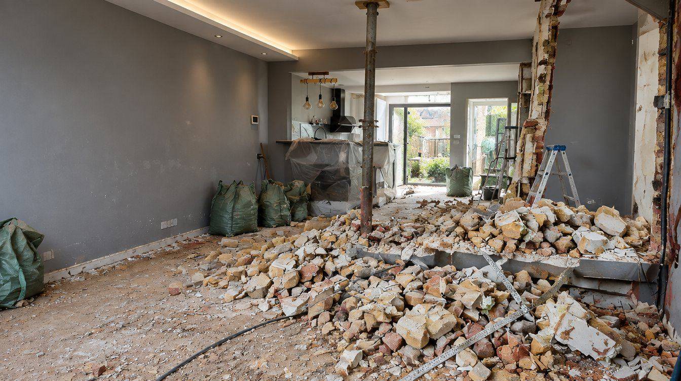 Woonkamer tijdens de verbouwing, vol puin
